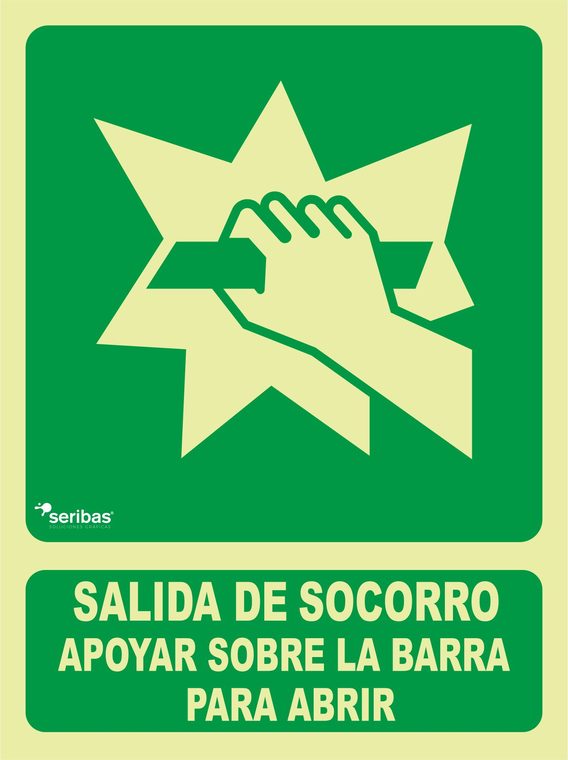 Señal de señales de evacuación EV012: SALIDA DE SOCORRO APOYAR SOBRE LA BARRA PARA ABRIR
