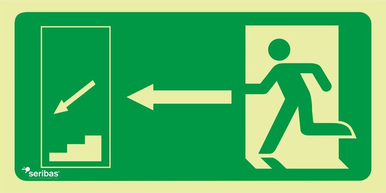 Señal de señales de evacuación EV016: FLECHA ABAJO DERECHA ESCALERA DE EMERGENCIA