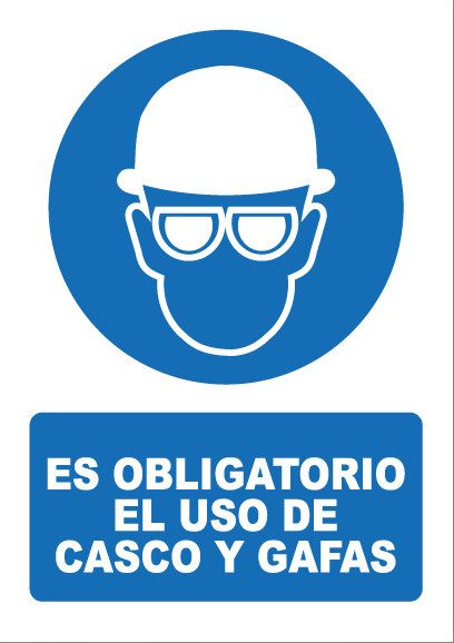Señal de señales de obligación OB015: ES OBLIGATORIO EL USO DE CASCO Y GAFAS
