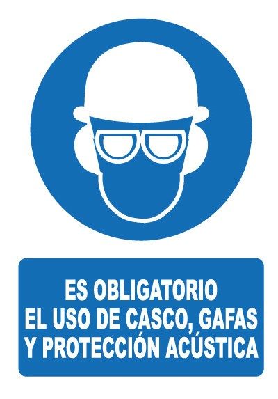 Señal de señales de obligación OB016: ES OBLIGATORIO CASCO, GAFAS Y PROT. ACÚSTICA