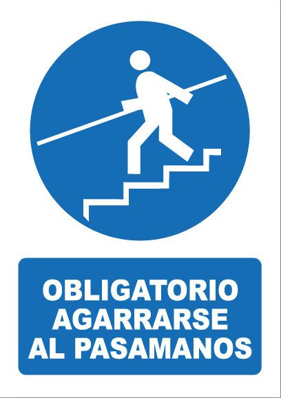 Señal de señales de obligación OB034: OBLIGATORIO AGARRARSE AL PASAMANOS
