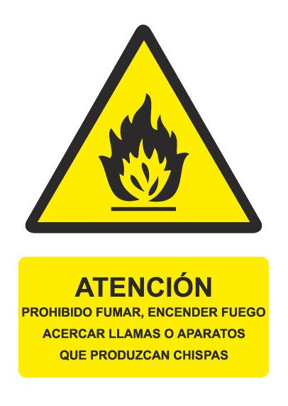 Señal de señales de peligro PG012: ATENCIÓN PROHIBIDO FUMAR ENCENDER FUEGO